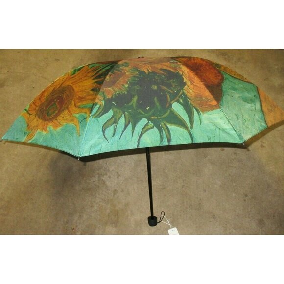 Sunflowers Van Gogh Print Compact Travel Rain Umbrella Unisex Gold Turquoise NWT - Picture 2 of 7